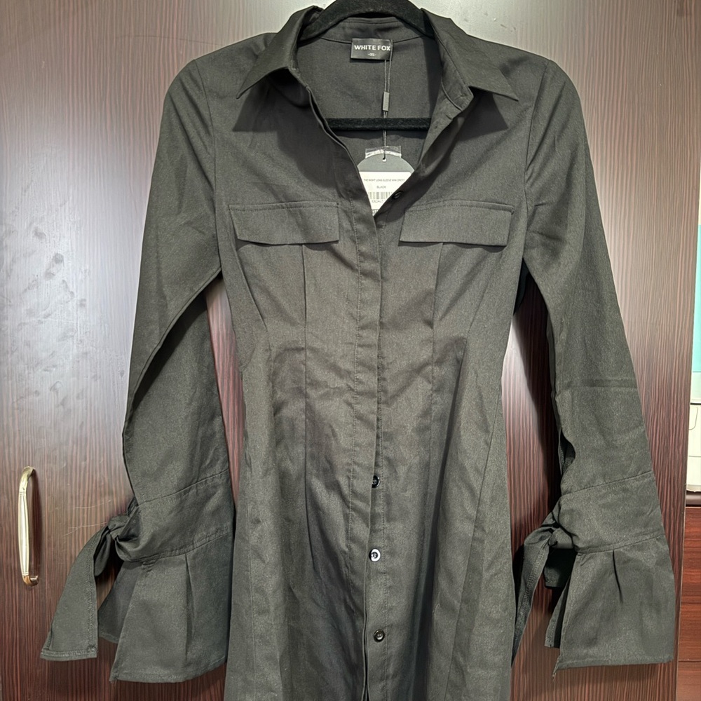 White Fox Black Button-Up Dress with Flared Sleeves